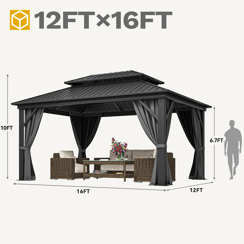 DWVO 12x16ft Gazebo Double Roof Hardtop with Nettings and Curtains, Heavy Duty Galvanized Steel Outdoor Vertical Stripes Roof for Patio, Backyard, Deck, Lawns, Grey