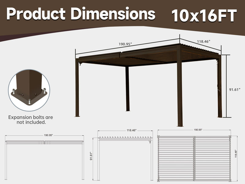 Domi Louvered Pergola 10X16FT, Aluminum Pergola with Adjustable Roof, Aluminum Frame, Efficient Drainage System, Outdoor Pergola for Patio, Deck, Garden, Brown