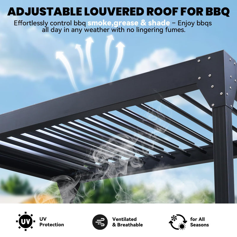 UPHYB 8x5 Louvered Pergola, Aluminum BBQ Pergola, Hardtop Gazebo for Outdoor Grill, Adjustable Rainproof Roof, Pergolas for Patio, Black
