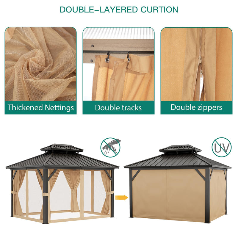 GarveeLife 10x12ft Double Roof Hardtop Gazebo, Heavy Duty Galvanised Steel Hardtop Pavilion with Nettings and Curtains, Metal Roof Gazebo for Patio, Terrace, Lawn and Deck, Brown
