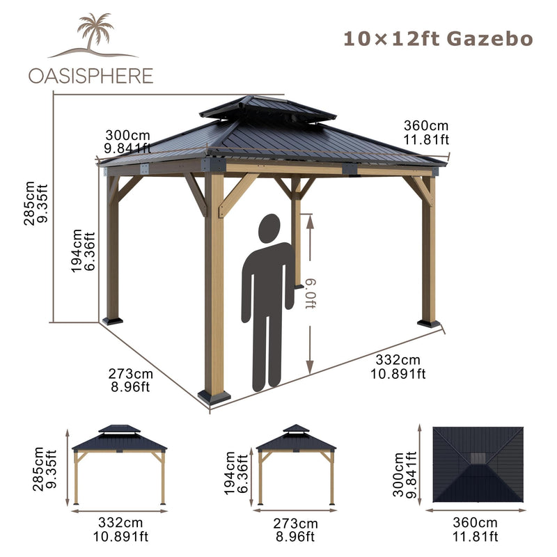 Oasisphere 10x12 Wood Gazebo, Cedar Wood Hardtop Pavilion with Double-Layer Galvanized Steel Roof, 120mm Thick Wooden Posts for Patio, Backyard, Garden, Deck
