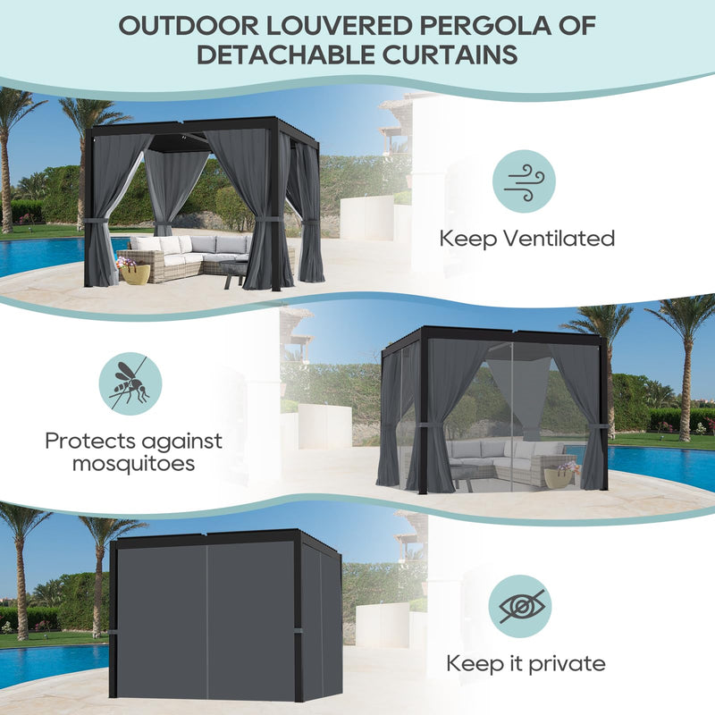 LVUYOYO Louvered Pergola 10' x 10', Outdoor Pergola with Adjustable Roof, Patio Aluminum Frame Metal Gazebo with Curtains and Netting for Patio, Backyard, Garden, Deck (Black)