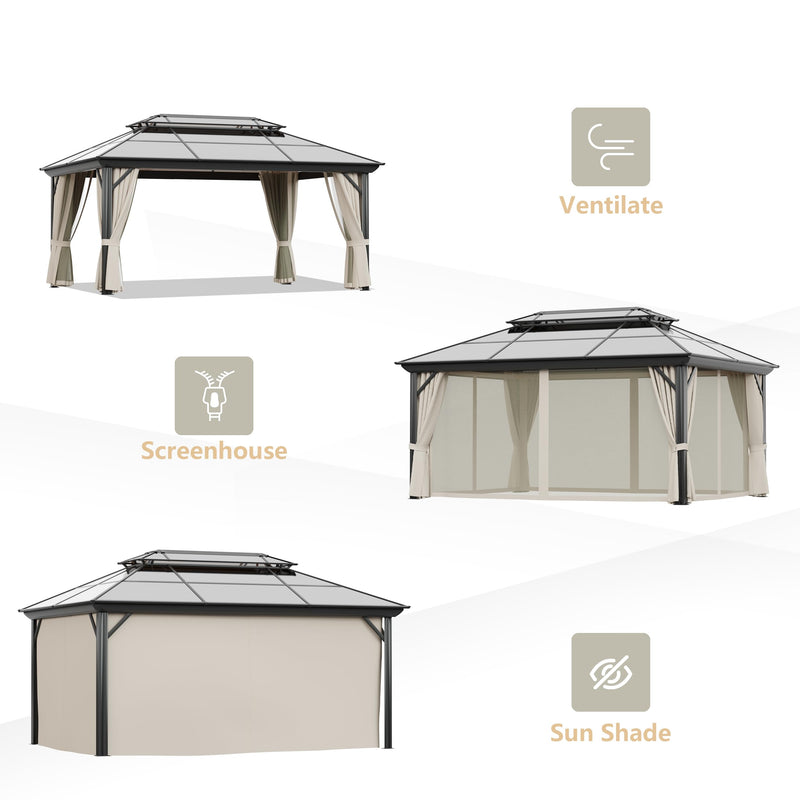 GAZEBEST 12' X 16' Permanent Hardtop Gazebo, Outdoor Polycarbonate Double Roof Pavilion Pergola Canopy with Aluminum Frame and Privacy Curtains for Patio, Garden, Backyard, Lawn