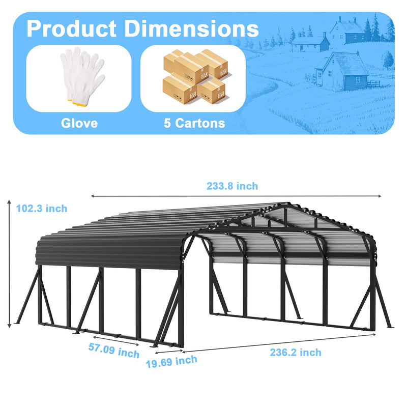 20x20FT Heavy Duty Metal Carport - Reinforced Galvanized Carport Canopy for All-Weather Shelter, Enhanced Wind Resistance for Boats, Cars, Trucks, and Tractors