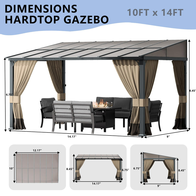 ASJMR 10x14FT Gazebo, Hardtop Wall Mounted Gazebo with Sloping Sun Panel Roof, Awnings for Patio with Metal Frame, Double Curtains for Garden, Lawn, Backyard Deck, Sand
