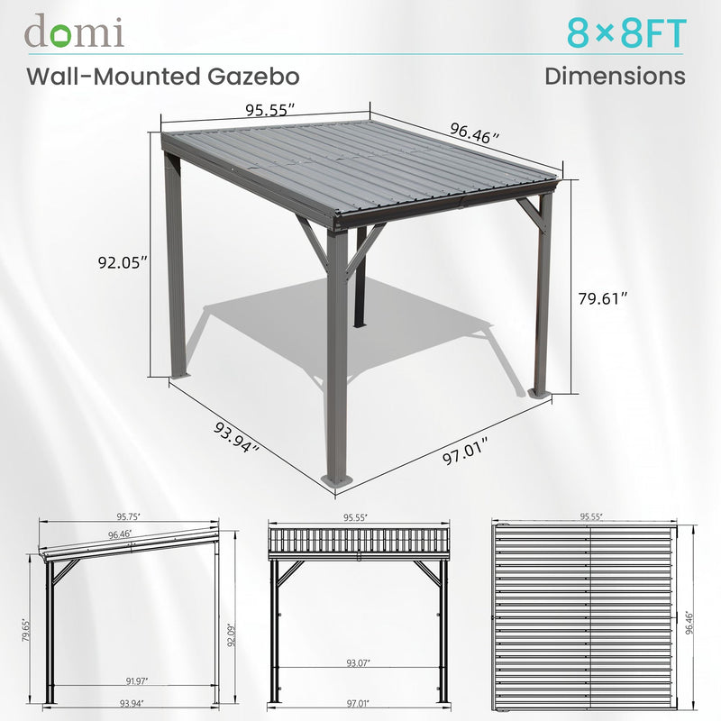 Domi 8' x 8' Lean to Gazebo, Wall Mounted Gazebos Pergola with Built in Drainage System, Galvanized Steel Roof, Hardtop Patio Shelter for Deck, Porch, Backyard and More