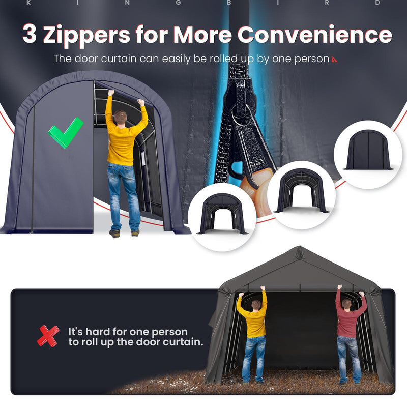 KING BIRD 10' x 15' Round Style Garage Shelter Heavy Duty Storage Shelter Carport Portable Canopy Shed with Roll-up Ventilated Windows for Boat, Patio Furniture and Lawn Mower-Dark Gray
