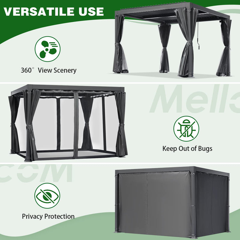 MELLCOM Louvered Pergola - 10x10 Aluminum Pergola with Adjustable Louvered Roof, Waterproof Curtains and Nets, Gray