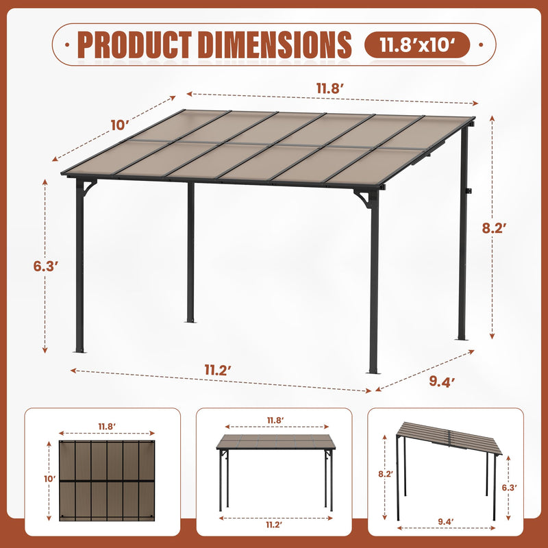 Oakcloud 10' x 12' Outdoor Wall Mounted Gazebo, Patio Lean to Gazebo Pergola with Sloped Roof, Large Heavy Duty Awning for Patio, Backyard, Deck