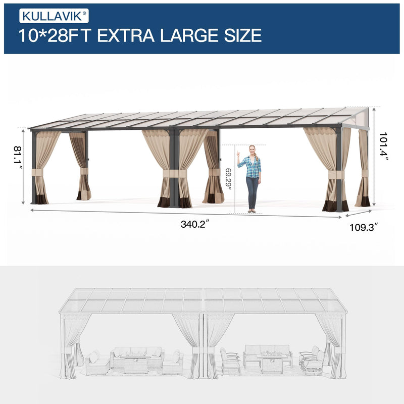 Kullavik 10' × 28' Hardtop Gazebo for Patio,Wall-Mounted Lean to Gazebo Pergola with Sloping Roof and Durable Aluminum Frame,Large Heavy Duty Awnings for Decks,Backyard,Sand