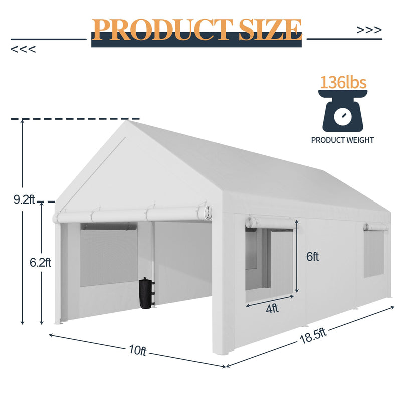 Shintenchi Carport 10' x 20' Heavy Duty Portable Garage, Car Port Canopy with Side-Opening Removable Door & Roll-Up Windows, Car Canopy for Truck,Car,Boat,Motorcycle,White