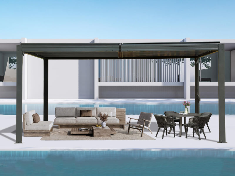 Domi 10' x 16' Louvered Pergola Outdoor Aluminum Pergola with Adjustable Roof, Aluminum Frame, Efficient Drainage System for Patio, Deck, Garden (Gray)