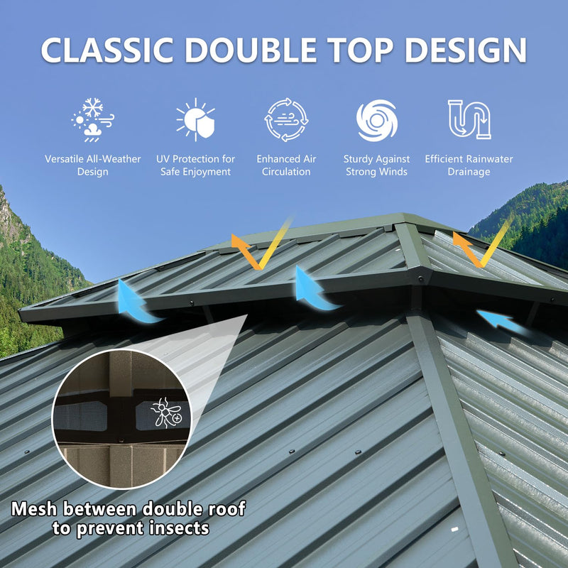 Domi 12' X 16' Hardtop Gazebo Outdoor Metal Gazebo with Galvanized Steel Double Roof Canopy, Aluminum Frame, Curtains and Netting for Patio, Deck, Garden, Grey