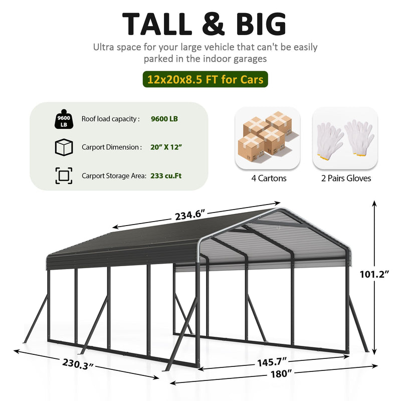 DAUSOLA Carport 12x20 FT Heavy Duty Carports Canopy with Updated Frame Structure Galvanized Steel Roof and Enhanced Base, Metal Carport Garage for Pickup, Boat, Car and Tractors
