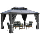 YITAHOME 10x13FT Gazebo Polycarbonate Hardtop Double Roof Canopy Outdoor with Netting and Shaded Curtains, Aluminum Frame Garden Tent for Patio, Backyard, Deck and Lawns, Grey