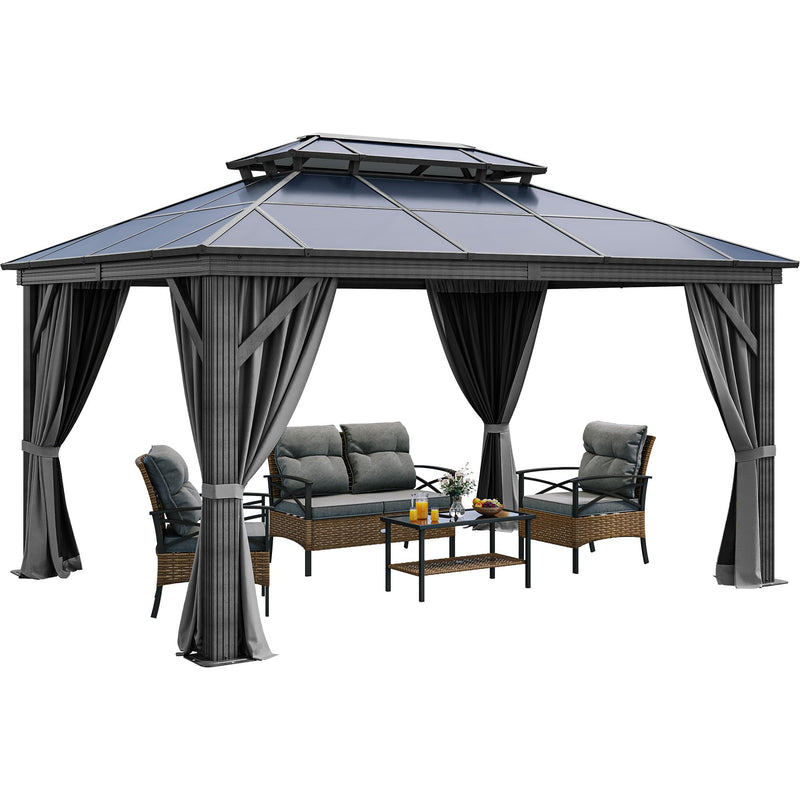 YITAHOME 10x13FT Gazebo Polycarbonate Hardtop Double Roof Canopy Outdoor with Netting and Shaded Curtains, Aluminum Frame Garden Tent for Patio, Backyard, Deck and Lawns, Grey
