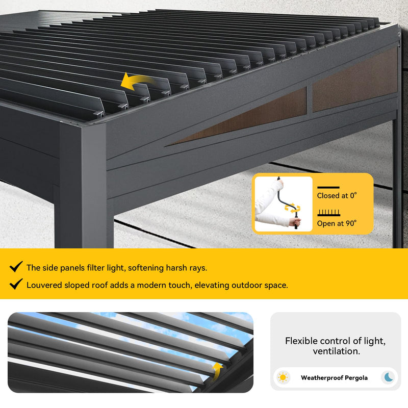 MELLCOM Louvered Pergola with Screen 10x20, Wall-Mounted Adjustable Pergola, Lean to Aluminum Gazebo with 4 Pull-Down Screen Sides and Adjustable Roof for Backyard, Dark Gray