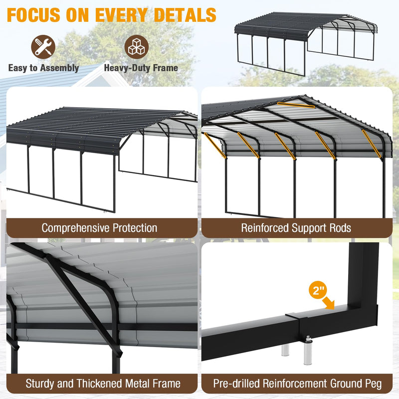 EBE 20' x 20' Metal Carport, Outdoor Heavy Duty Carport with Galvanized Steel Roof and Enhanced Metal Frame Structure, Garage Car Shelter Shade for SUV Trucks and Boats
