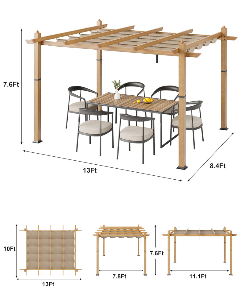 GarveeLife 10x13 Ft Outdoor Pergola with Retractable Canopy Upgraded Outdoor Aluminium Pergola, Faux Wood Grain Metal Patio Gazebo for Modern Backyard Deck for Porch, Awning, Grape Trellis, Khaki