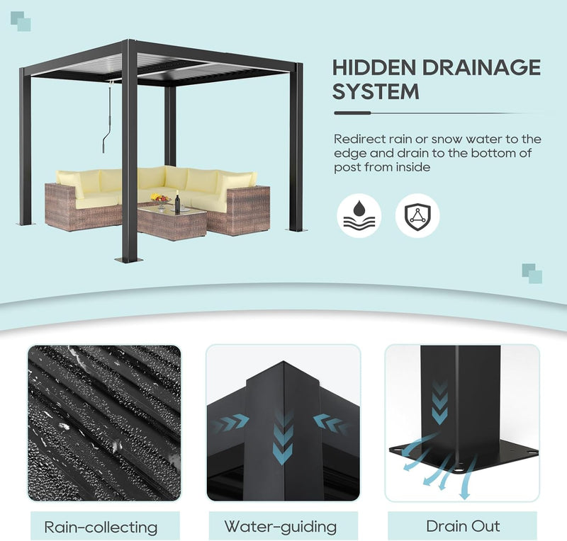 LVUYOYO Outdoor Louvered Pergola 10' x 10', Patio Aluminum Pergola with Adjustable Roof, Metal Gazebo for Backyard, Garden, Deck(Black)