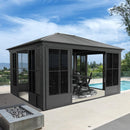 Domi 12x14FT Outdoor Sunroom, Galvanized Steel Hardtop Enclose Gazebo Sloping Roof, All Weather Aluminum Solarium Screen House for Patio Deck Backyard with Lockable Door, Moveable PVC Screen