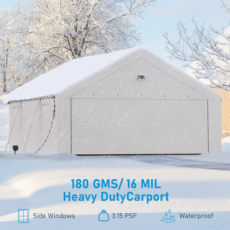 Benass 20x20 Carport, Heavy Duty Carport Canopy Garage with Removable Sidewalls and Drive Through Roll Up Doors Zipper, White