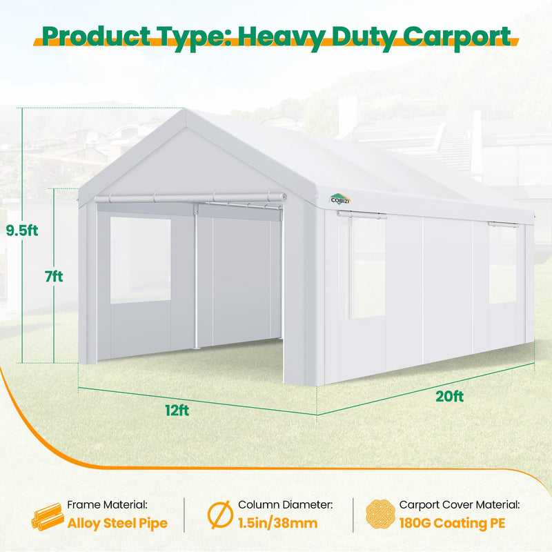 COBIZI Carport Canopy 12x20 Heavy Duty Portable Garage with Removable Sidewalls & Doors, Galvanized Frame Car Port Canopy Tent with Built-in Sandbags & All-Season Tarp for Car Boat Truck, White