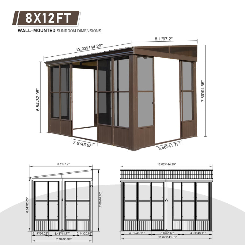 Domi 8x12FT Sun Room, Wall Mounted Gazebo Solarium with Galvanized Steel Sloping Roof, Moveable PC Screen, Front Door & 2 Side Entrance, Outdoor Aluminum Lean-to Sunroom for Patio Deck