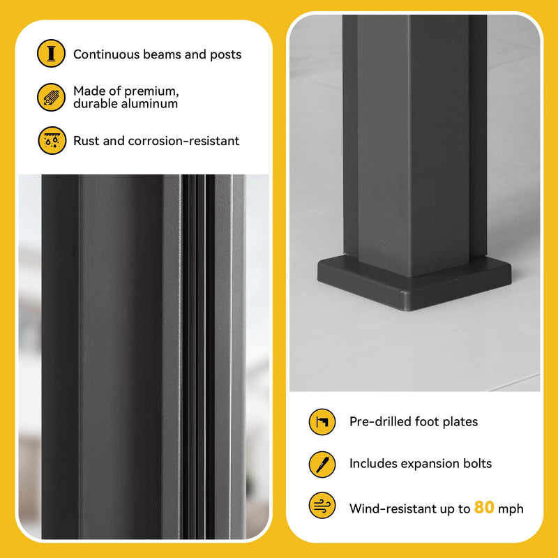 MELLCOM Louvered Pergola with Screen 10x13, Wall-Mounted Adjustable Pergola, Lean to Aluminum Gazebo with 3 Pull-Down Screen Sides and Adjustable Roof for Backyard, Dark Gray