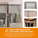 Sunjoy 10 x 12 ft Wall Mounted Gazebo with Weather Resistant Fabric Roof, Black Aluminum & Metal Frame Lean to Gazebo with Curtains and Netting