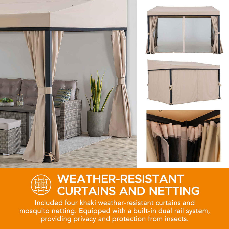 Sunjoy 10 x 12 ft Wall Mounted Gazebo with Weather Resistant Fabric Roof, Black Aluminum & Metal Frame Lean to Gazebo with Curtains and Netting