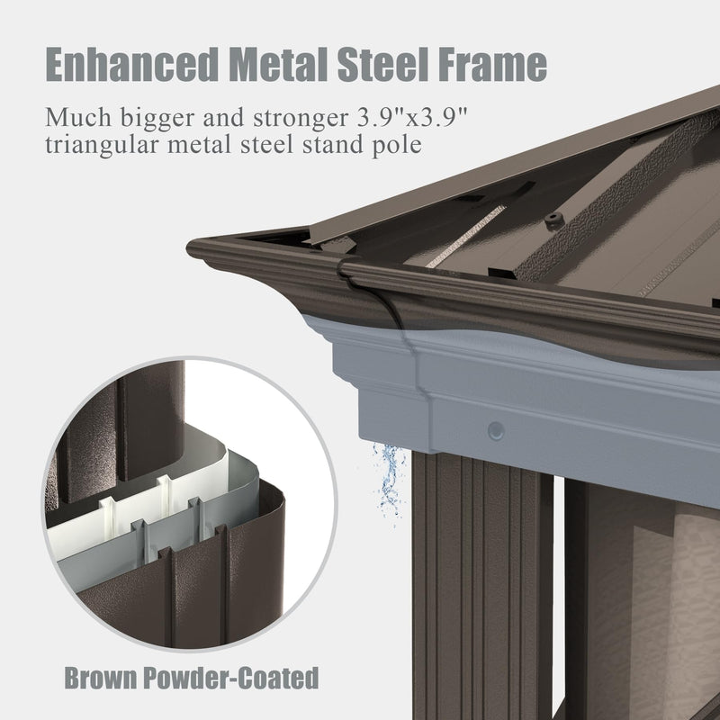 Domi 10x14 FT Outdoor Gazebo, Hardtop Gazebo with Galvanized Steel Double Roof, Metal Gazebos with Drainage System Patio Pergola for Patio Deck Backyard,Curtain and Netting, Brown