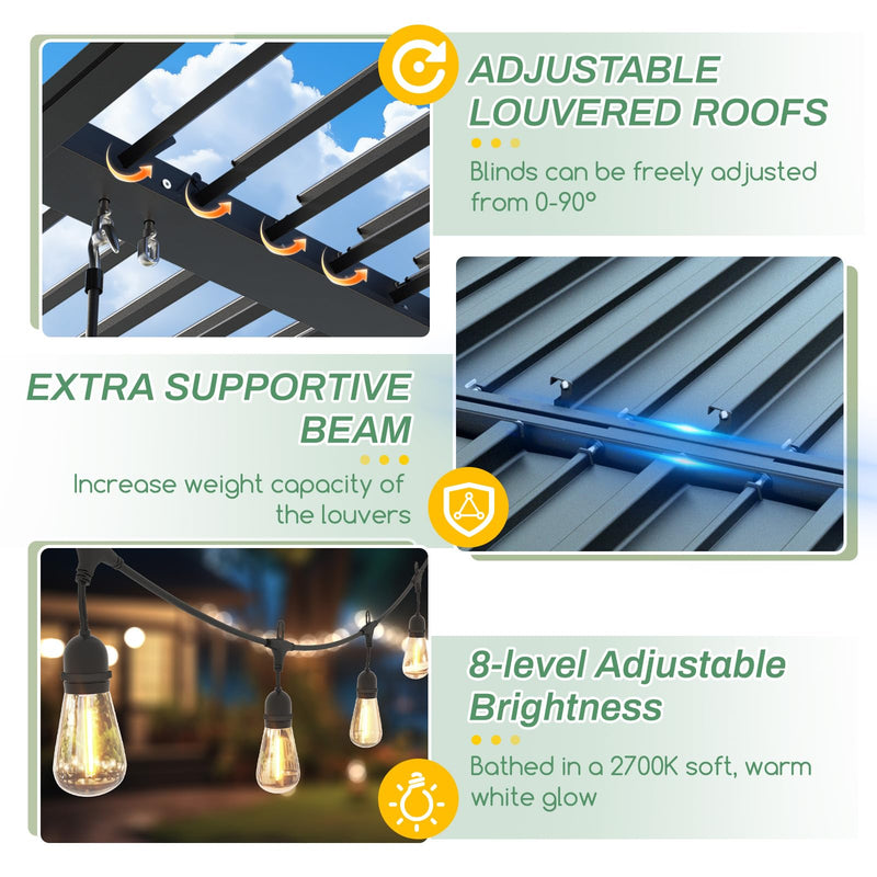 LVUYOYO Outdoor Louvered Pergola 10' x 10' with LED String Lights, Aluminum Pergola with Adjustable Roof, Waterproof Metal Gazebo for Patio, Backyard, Garden, Deck (10x10FT with Lights)