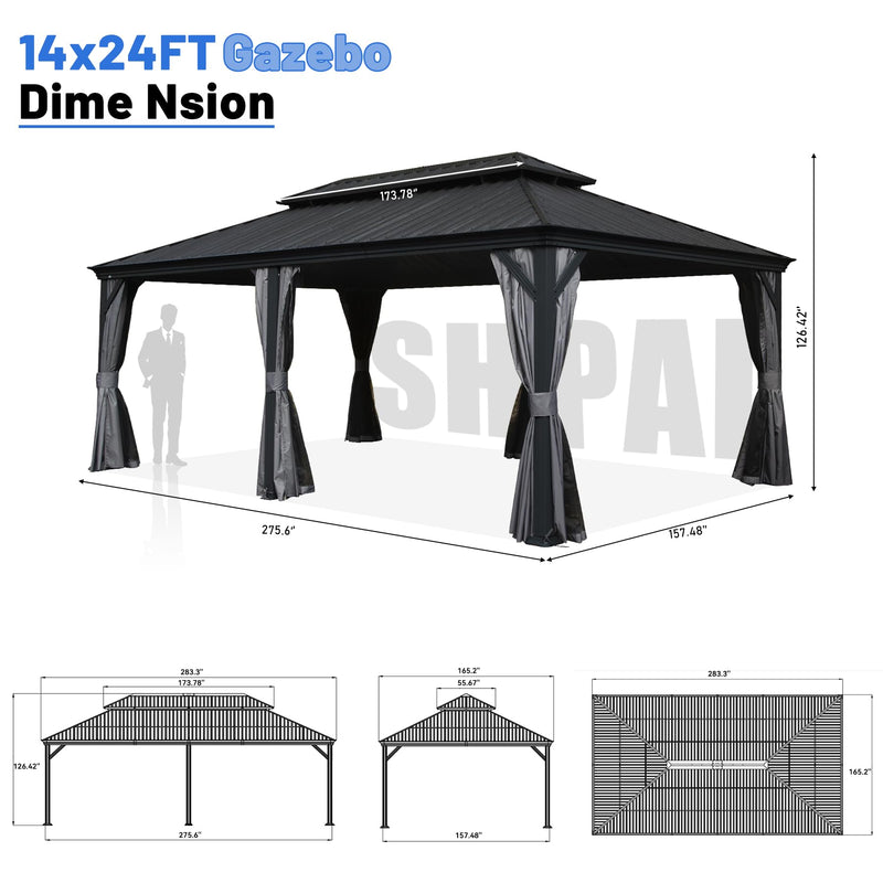 SHPAI 14’ x 24’ Outdoor Hardtop Gazebo with Gutters, Permanent Metal Hard Top Gazebo, Double Roof Galvanized Heavy Duty with Curtains and Netting for Backyard, Patio, Deck, Hot Tub, Grey