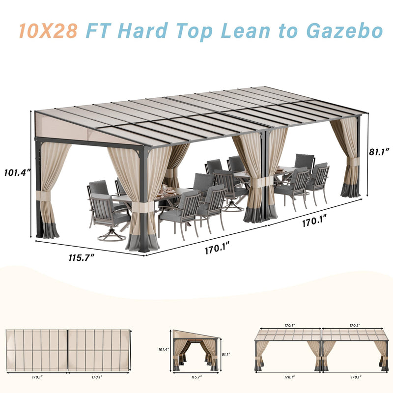 RTDTD 10' x 28' Gazebo，Hard Top Lean to Gazebo Wall Mount Heavy Hardtop Gazebos Outdoor Pergola with Curtains and Netting for Patio Garden Lawn Backyard Deck (Brown)