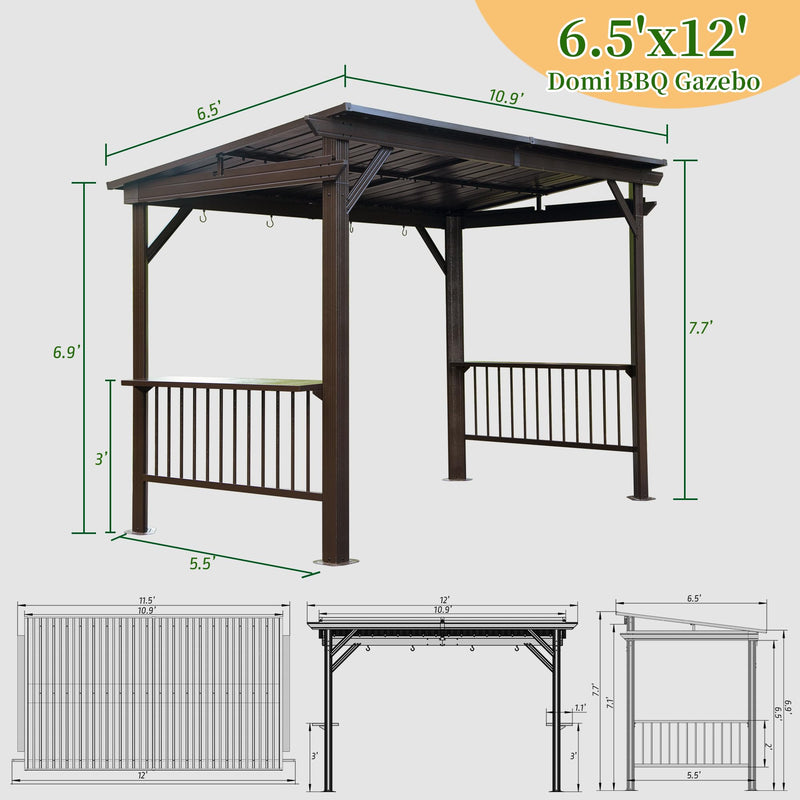 Domi 6.5x12FT Hardtop Grill Gazebo, Outdoor BBQ Gazebo with 2 Side Shelves and Sloping Galvanized Steel Roof, Metal Permanent Grill Canopy with Ceiling Hooks for Patio, Lawn, Backyard, Deck, Brown