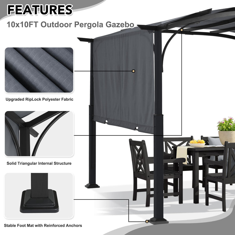 MASTERCANOPY 10x10ft Outdoor Retractable Pergola with Sun Shade Canopy Patio Metal Garden Pergola,Dark Grey