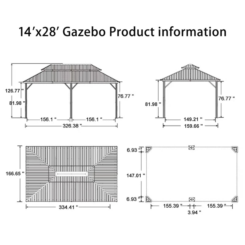 PURPLE LEAF 14' X 28' Outdoor Hardtop Gazebo Patio Wide Aluminum Frame Galvanized Steel Double Roof with Heavy Duty Netting and Curtains for Permanent Hard Top Pavilion Screen Khaki