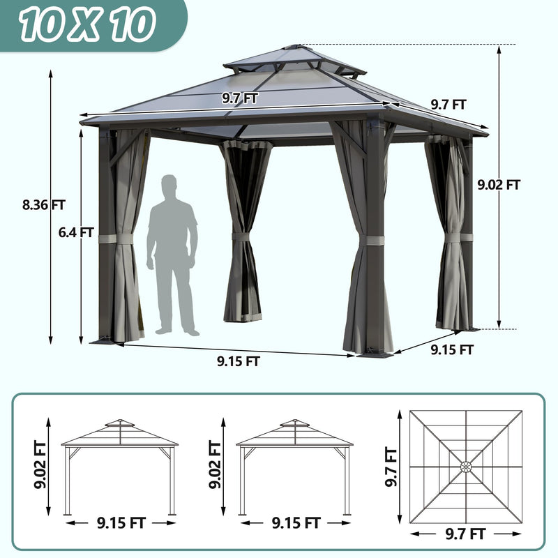 Howsvn 10'x10' Hardtop Gazebo, Upgrade Outdoor Polycarbonate Gazebos with Netting and Curtains, Heavy Duty Metal Pavilion for Patio, Backyard, Deck and Lawn
