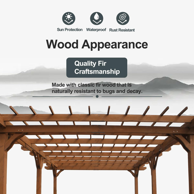 YOPTO 12x16 FT Outdoor Gazebo,Wooden Grape Pergola with Waterproof and Climbing Plant Support,Garden,Terrace,Backyard,Deck, Wind Protection Rating:Level 6,Brown