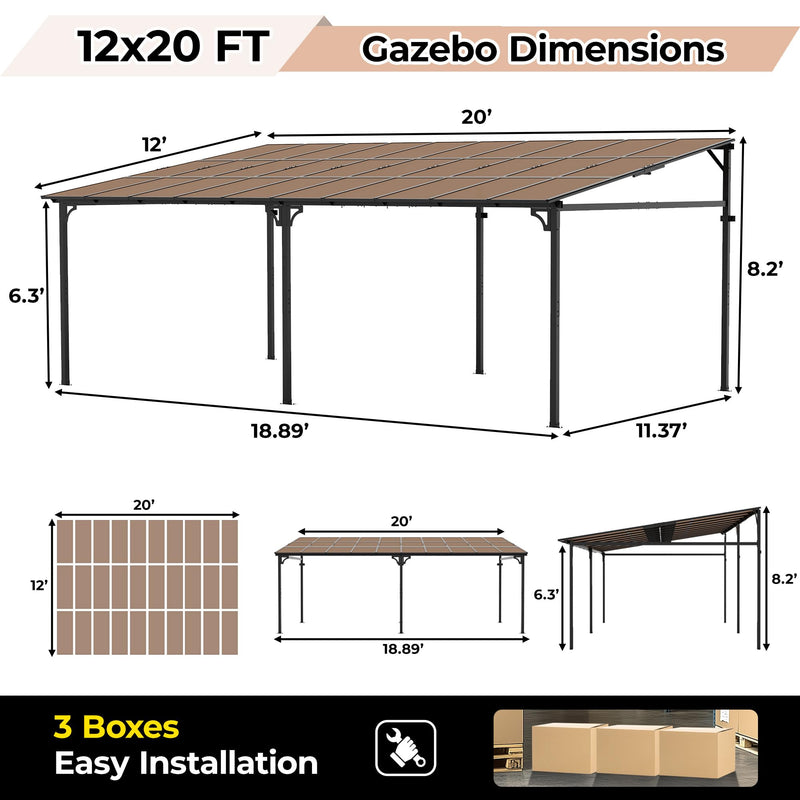 12’ x 20’ Gazebo, Outdoor Pergolas and Gazebos on Clearance, Hard Top Lean to Gazebo with Metal Frame, Pergola Wall Mounted Pergola with Sloped Roof for Patio, Decks, Backyard