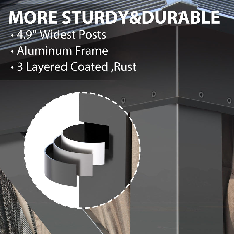 WELYAS Aluminum Hardtop Gazebo 10' X 12' Heavy Duty All Weather Black Gazebos with Galvanized Steel Double Metal Roof for Garden Patio Deck Backyard, Curtains and Netting Included