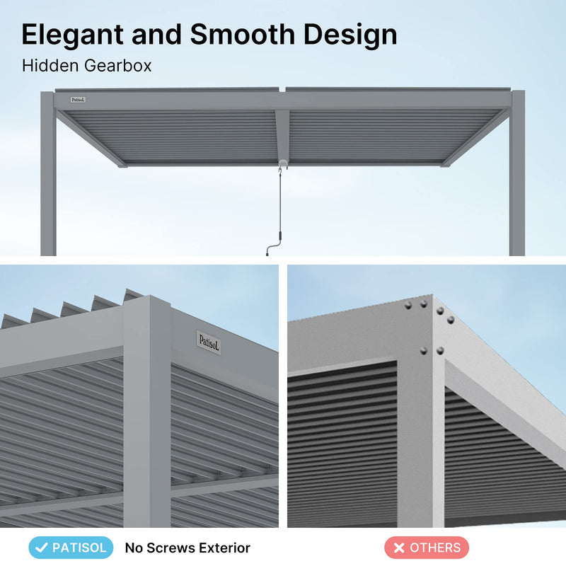 PATISOL Louvered Pergola Against The Wall Outdoor Patio 13'x10' Full Aluminum Pergola Wall Mounted Attached Adjustable Roof Hardtop Rainproof Gazebo for Deck Garden Yard Beach (Grey)