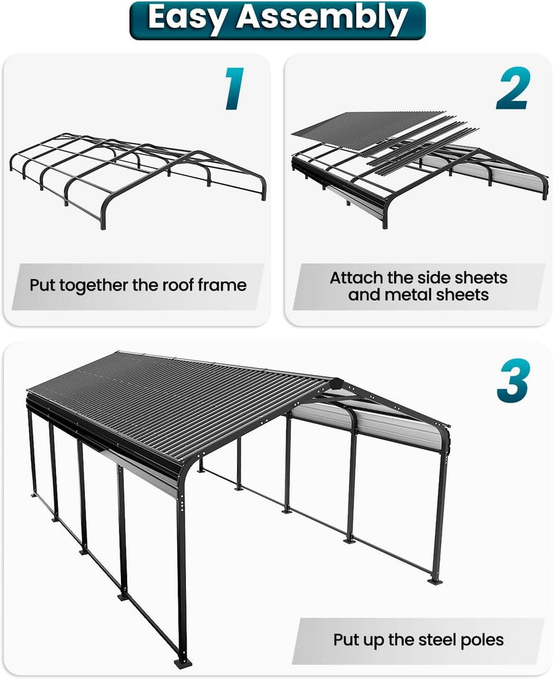 Metal Carport 12x21 Heavy Duty Easy Snow Off & Self Draining Design, 70KG/㎡ Load Ideal for Snow/Rain/Wind Conditions, Enhanced Base & Double Rust Proof Coating & Galvanized for Boats and Car, Truck