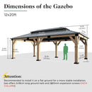 AMERLIFE 12x20FT Outdoor Wood Gazebo, Hardtop Pergola with Metal Roof & Spruce Wood Frame, Backyard Gazebo for Garden,Conversation,Gray Brown