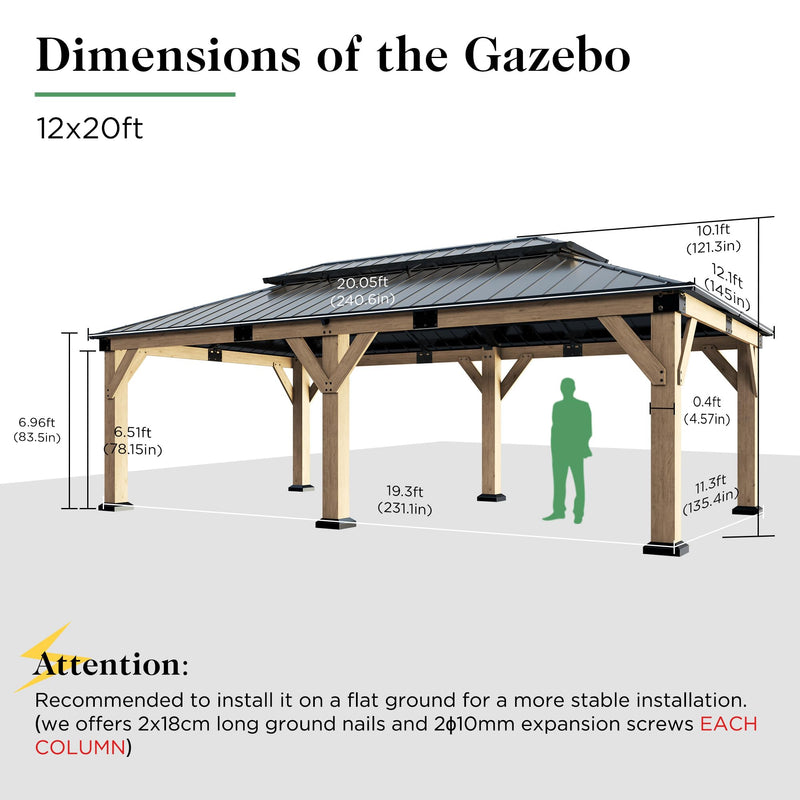 AMERLIFE 12x20FT Outdoor Wood Gazebo, Hardtop Pergola with Metal Roof & Spruce Wood Frame, Backyard Gazebo for Garden,Conversation,Gray Brown
