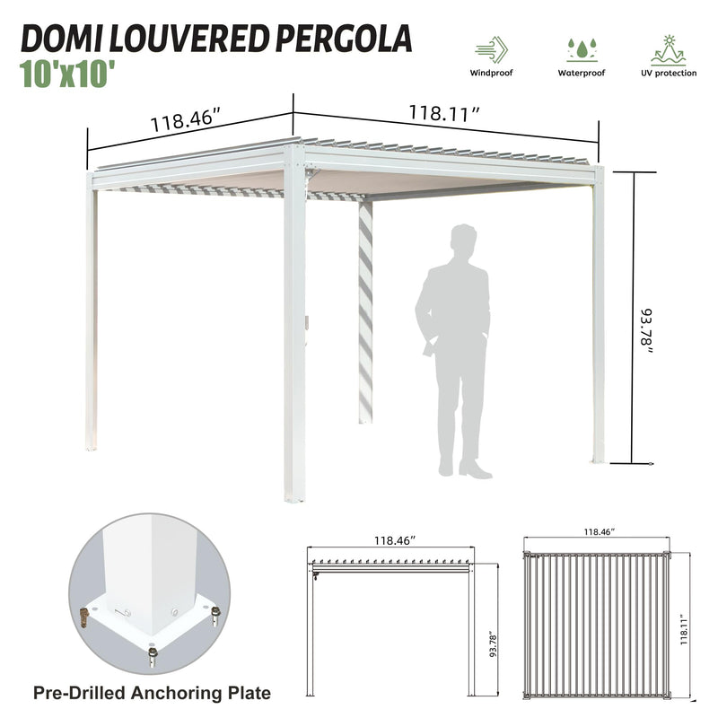 Domi Louvered Pergola 10X10FT, Aluminum Pergola with Adjustable Louvered Roof and Drainage Gutter, Outdoor Pergola Gazebo for Patio, Backyard, Deck, White
