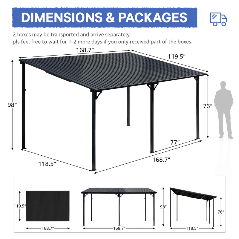 SUNSITT 10'x 14' Gazebo, Outdoor Lean to Gazebo Pergola w/Drainage Holes, Wall-Mounted Gazebo with Hard Top Metal Awnings for Patio Backyard Deck, Dark Grey