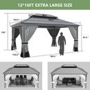 12' x 16' Hardtop Gazebo,Outdoor Galvanized Steel Metal Double Roof Gazebo with Curtains and Netting for Patios, Gardens, Lawns,Grey
