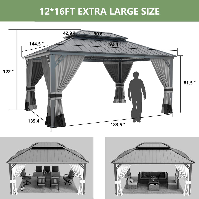 12' x 16' Hardtop Gazebo,Outdoor Galvanized Steel Metal Double Roof Gazebo with Curtains and Netting for Patios, Gardens, Lawns,Grey